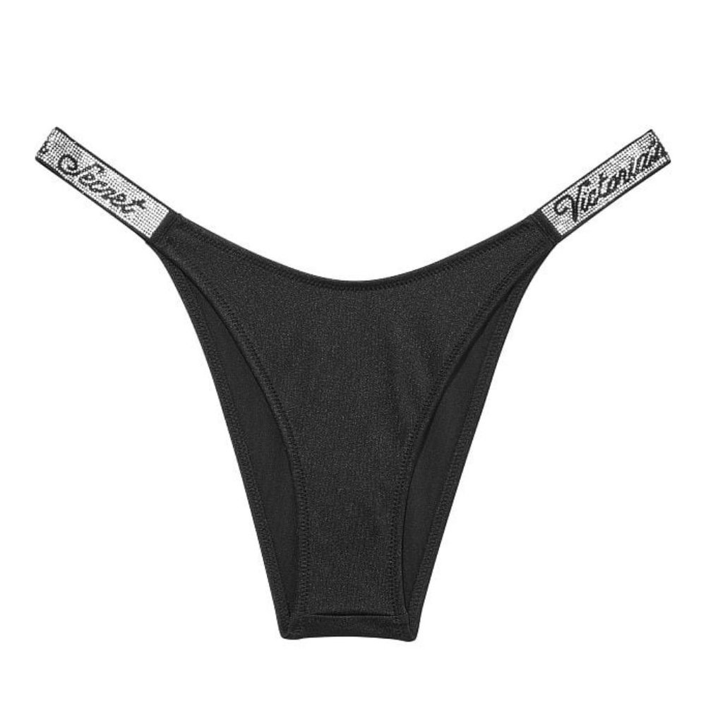 Victoria’s Secret Swim Rhinestone Shine Strap Brazilian Bikini Bottoms Black XS